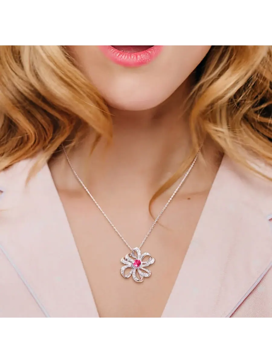 AMOUR 2 3/4 CT TGW Подвеска в виде цветка с розовым топазом и белым топазом с цепочкой из стерлингового серебра