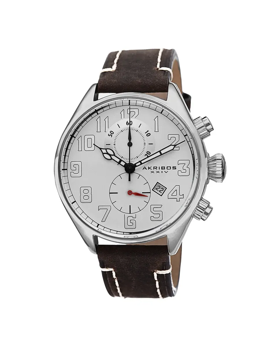 Мужские часы Akribos XXIV Essential Chronograph с белым циферблатом и коричневым кожаным ремешком AK706BR
