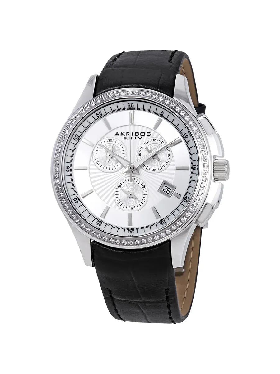Мужские часы Akribos XXIV Grandiose Crystal Chronograph сталь с черным кожаным ремешком AK615SS