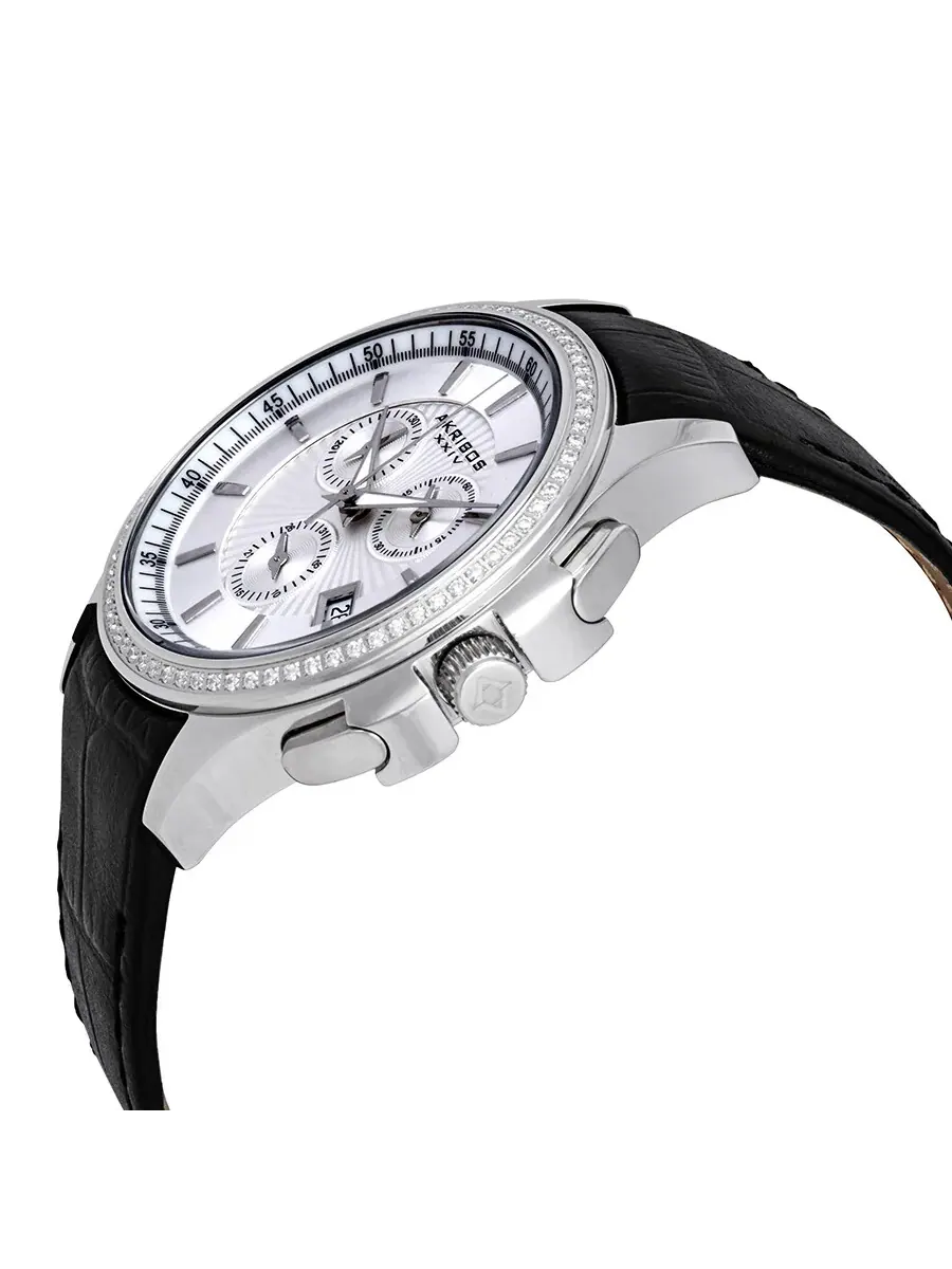 Мужские часы Akribos XXIV Grandiose Crystal Chronograph сталь с черным кожаным ремешком AK615SS — изображение 2 из 3