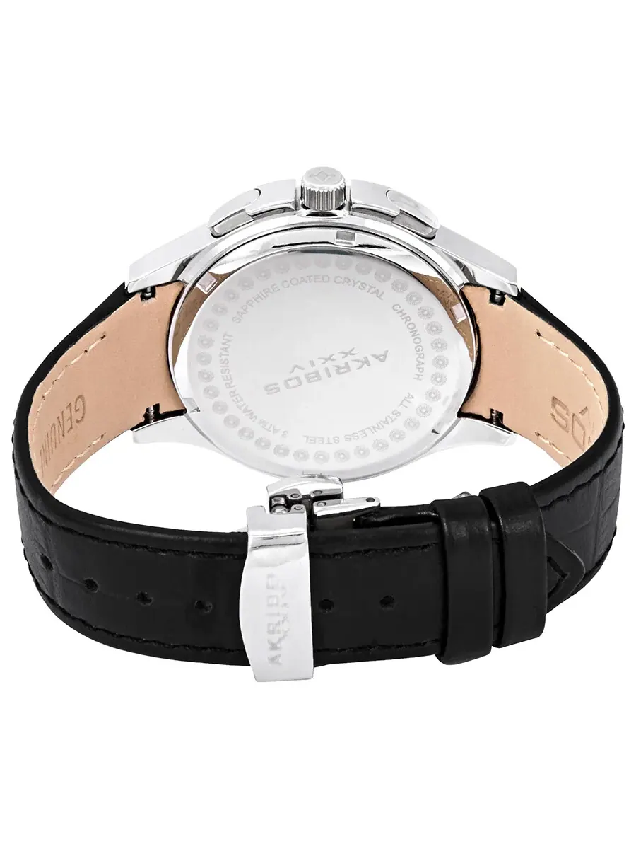 Мужские часы Akribos XXIV Grandiose Crystal Chronograph сталь с черным кожаным ремешком AK615SS — изображение 3 из 3
