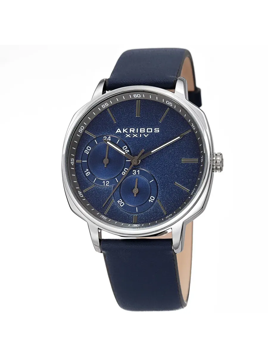 Мужские часы Akribos XXIV AK1022BU с кварцевым механизмом, синим циферблатом и синим кожаным ремешком
