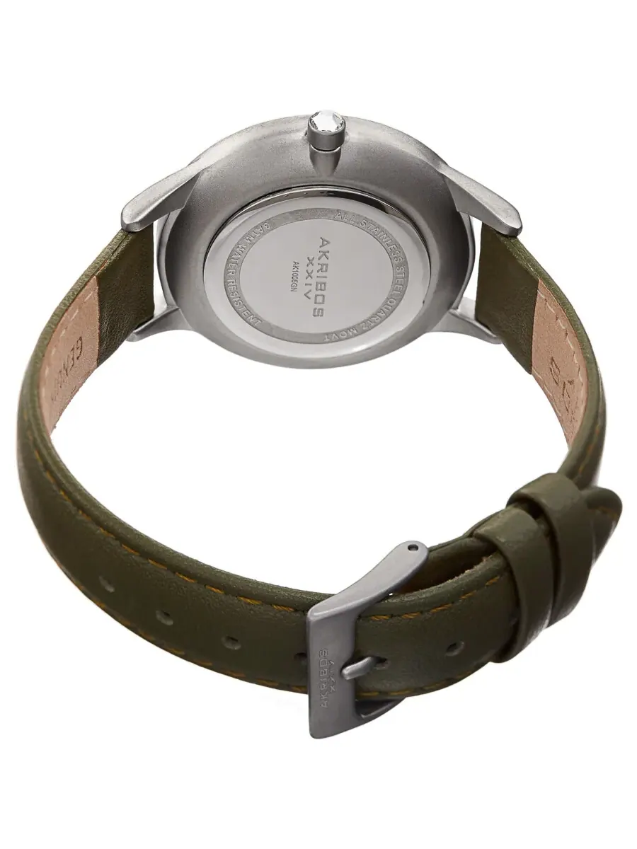 Женские часы Akribos XXIV AK1005GN с кварцевым механизмом, зеленым циферблатом и зеленым кожаным ремешком, оттенок серебряный