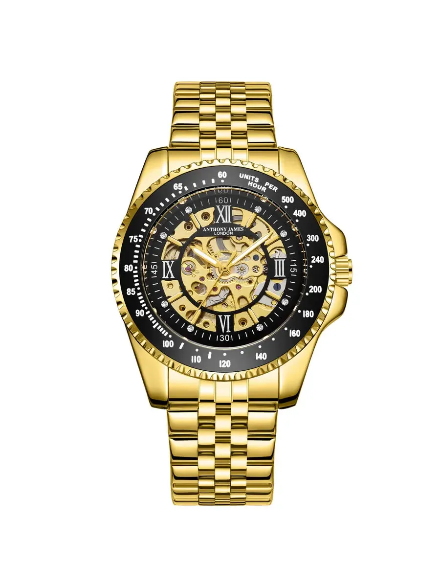 Мужские часы Anthony James Tachymeter Automatic с золотым циферблатом AJ009N2 — черный