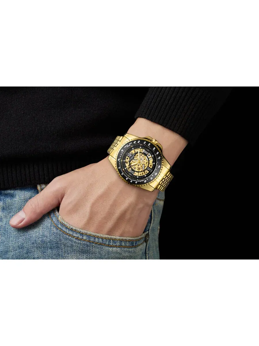 Мужские часы Anthony James Tachymeter Automatic с золотым циферблатом AJ009N2 — изображение 3 из 4, оттенок черный