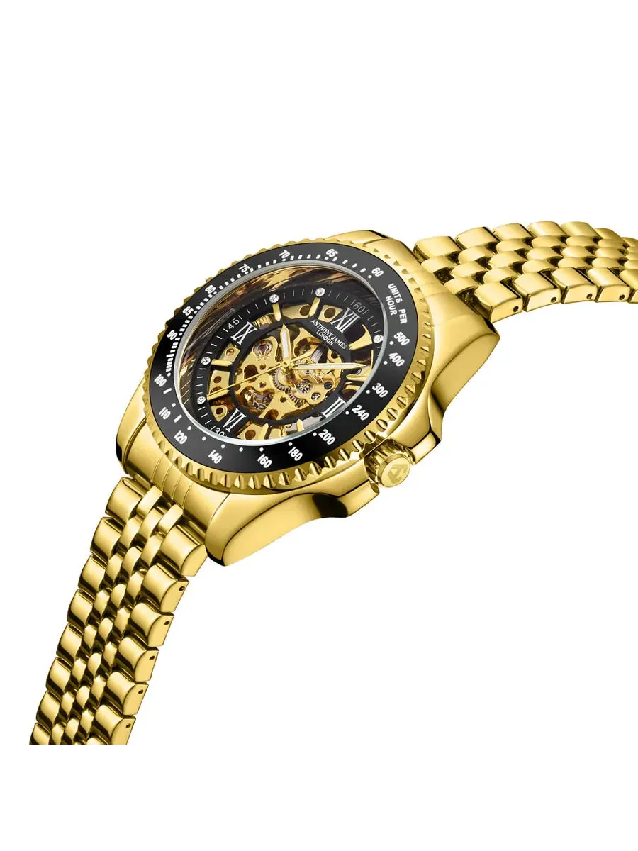 Мужские часы Anthony James Tachymeter Automatic с золотым циферблатом AJ009N2 — изображение 4 из 4, оттенок черный