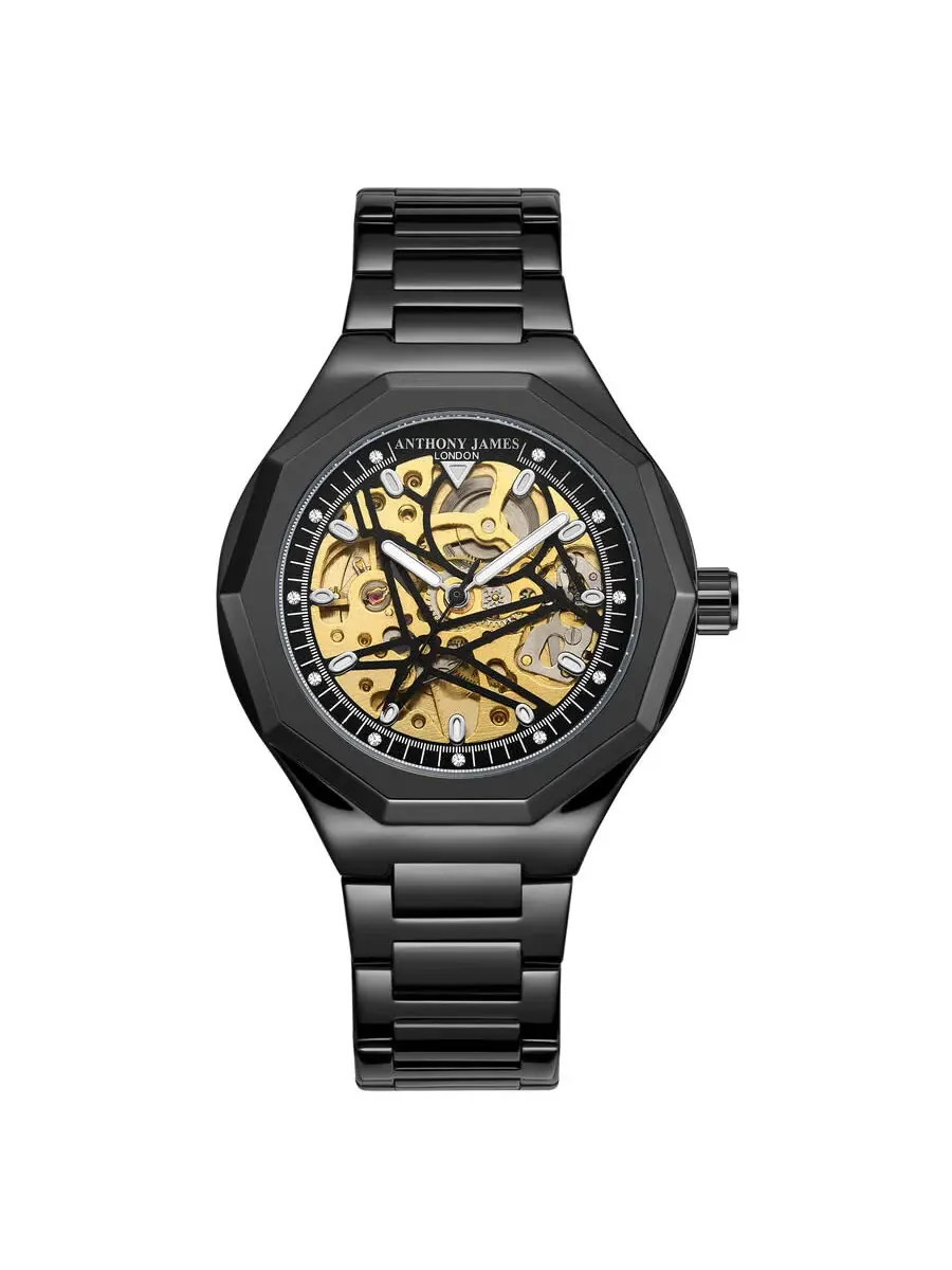 Мужские часы Anthony James Sports Skeleton с золотым циферблатом AJ015N2 — черный
