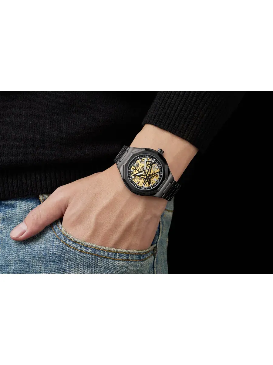 Мужские часы Anthony James Sports Skeleton с золотым циферблатом AJ015N2 — изображение 3 из 4, оттенок черный