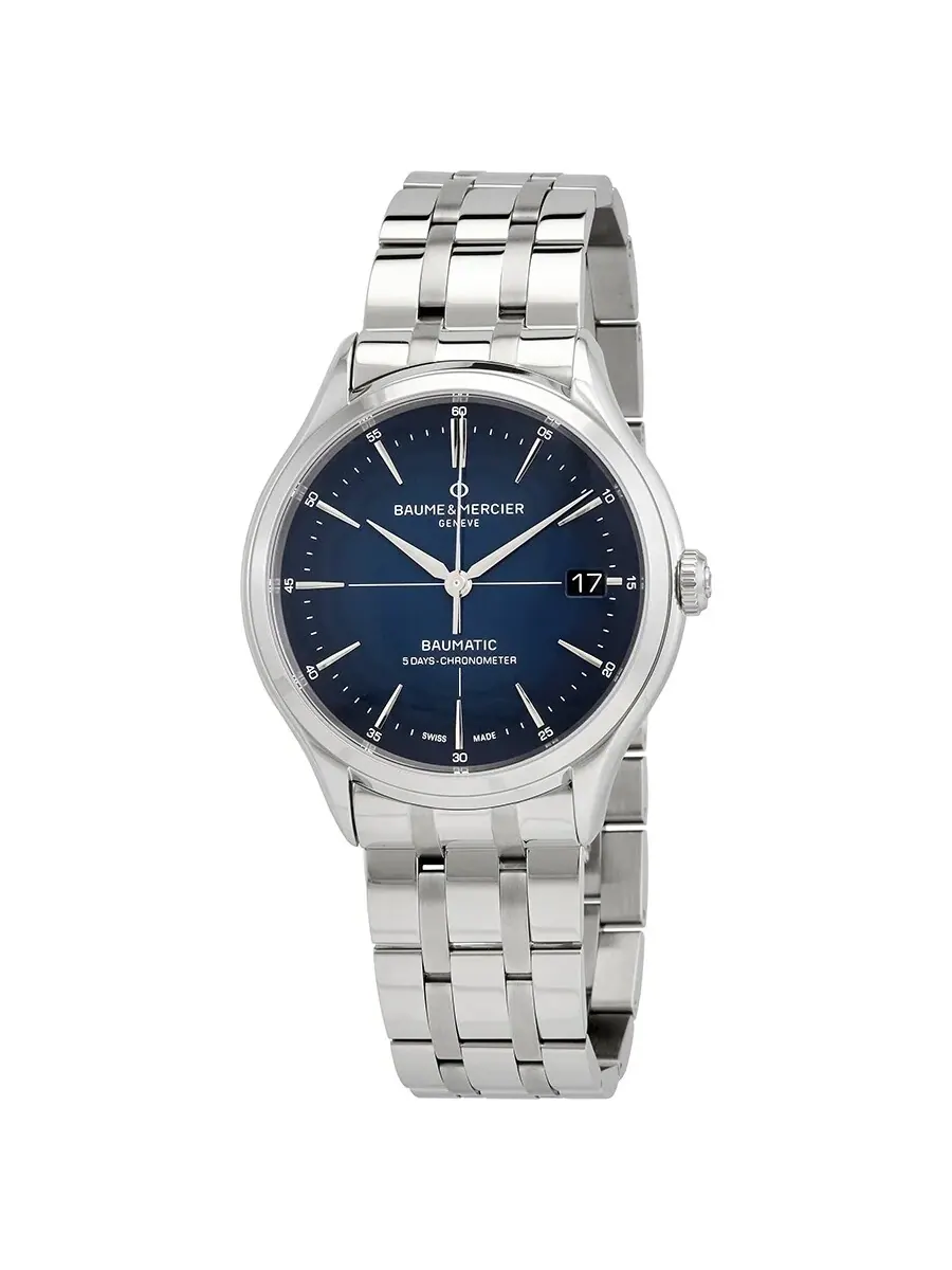 Мужские часы Baume et Mercier Clifton Baumatic Automatic Chronometer с синим циферблатом, модель 10468 — серебристый