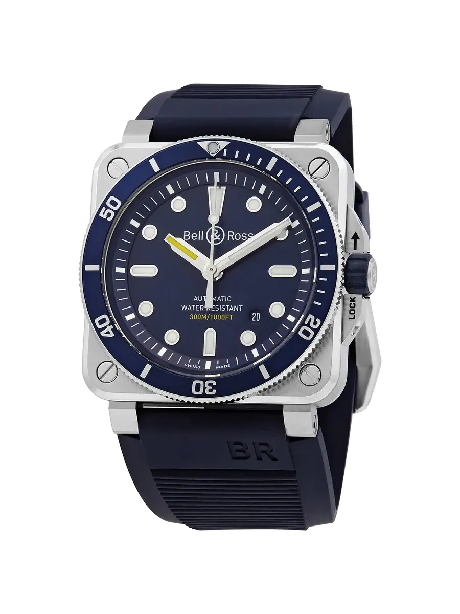 Мужские часы Bell and Ross BR03-92 Diver Automatic с синим циферблатом BR0392-D-BU-ST/S — серебристый