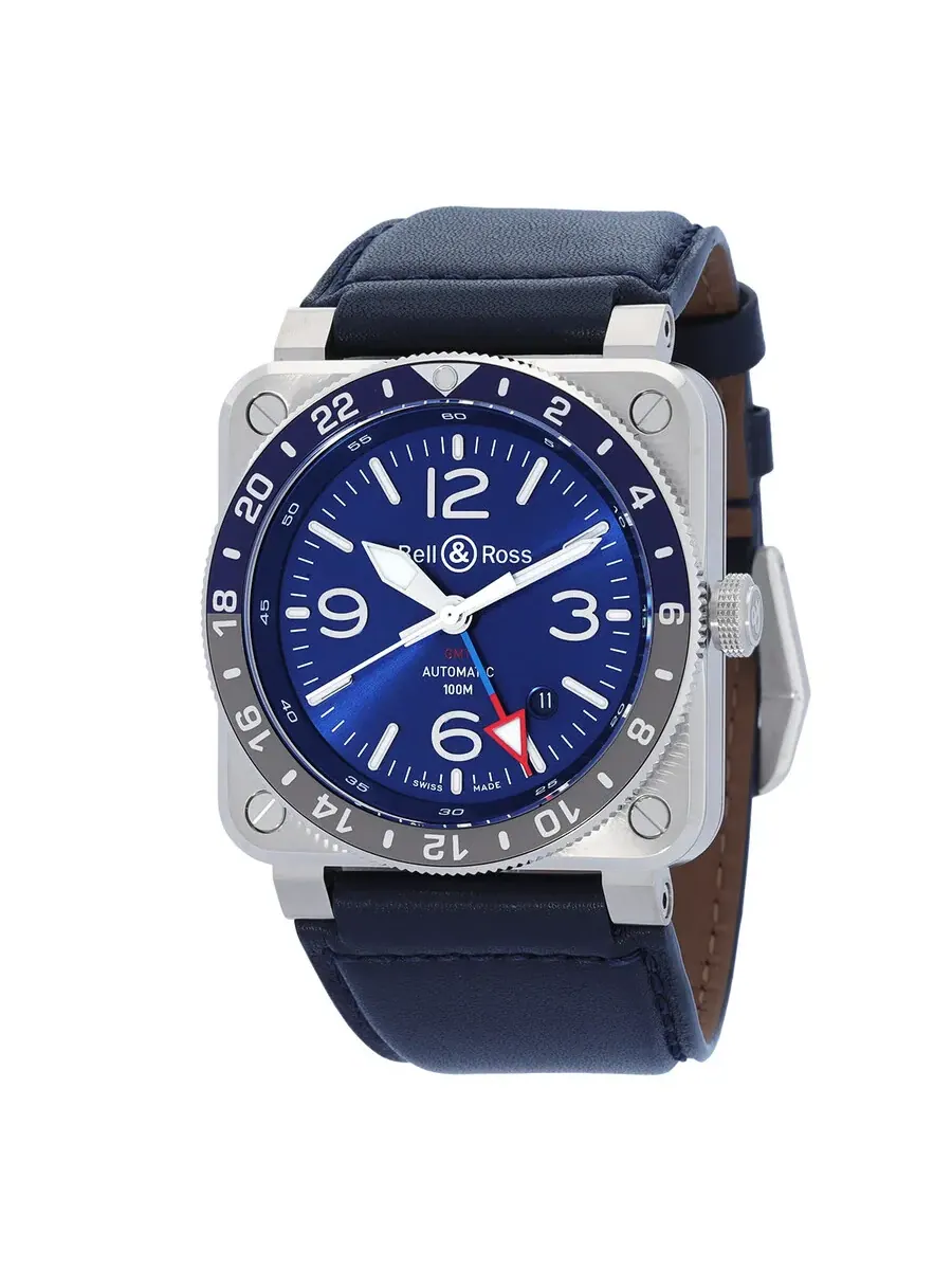 Мужские часы Bell and Ross BR 03-93 GMT с автоматическим механизмом, синим циферблатом BR0393-BLU-ST/SCA — серебристый