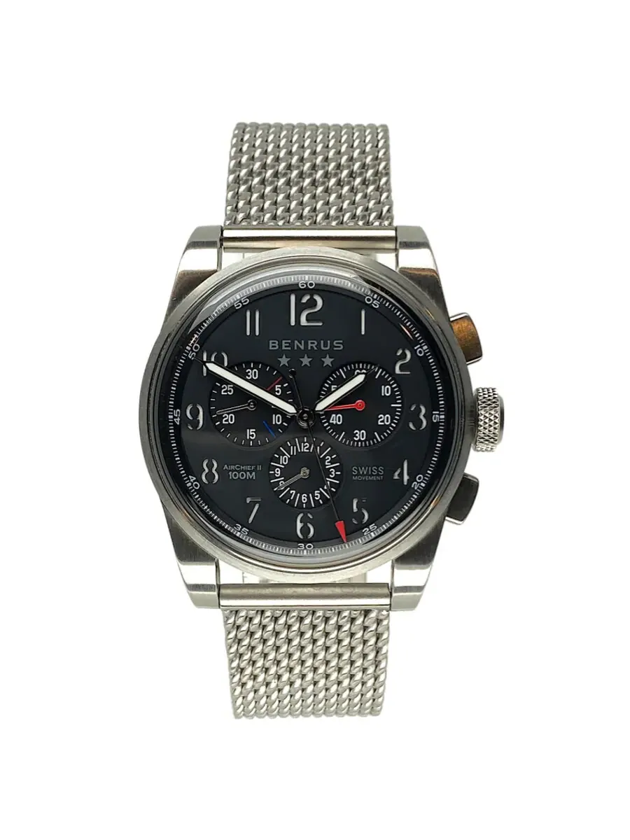 Мужские часы Benrus Air Chief II Chronograph Quartz с черным циферблатом AC3-SA-BK-SM — серебристый