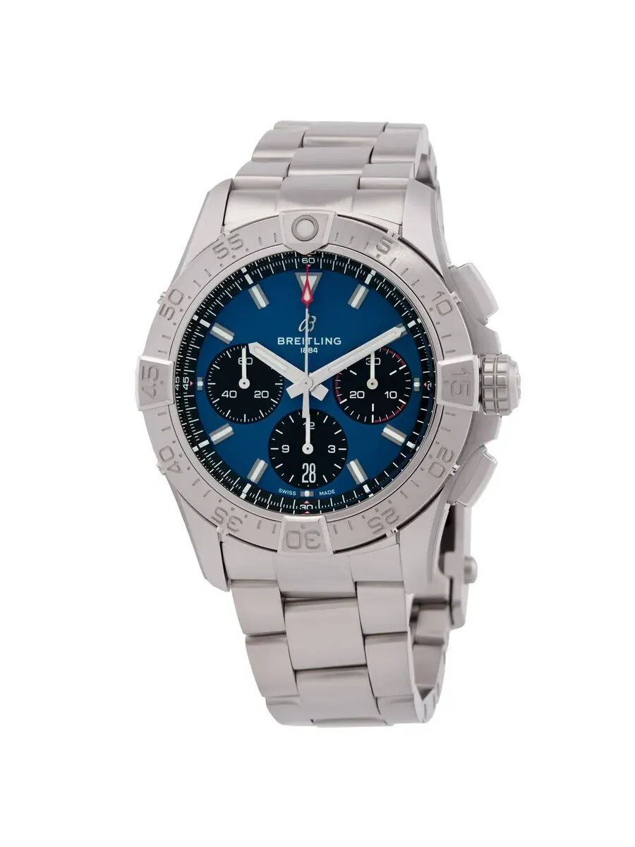Мужские часы Breitling Avenger 42 Chronograph Automatic Chronometer с синим циферблатом AB0146101C1A1 — серебристый