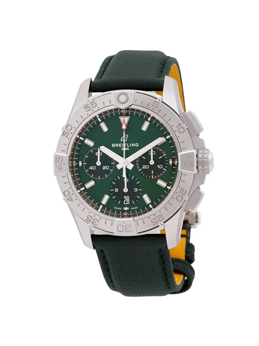 Мужские часы Breitling Avenger 42мм Хронограф Автомат с зеленым циферблатом AB0146101L1X1 — серебристый