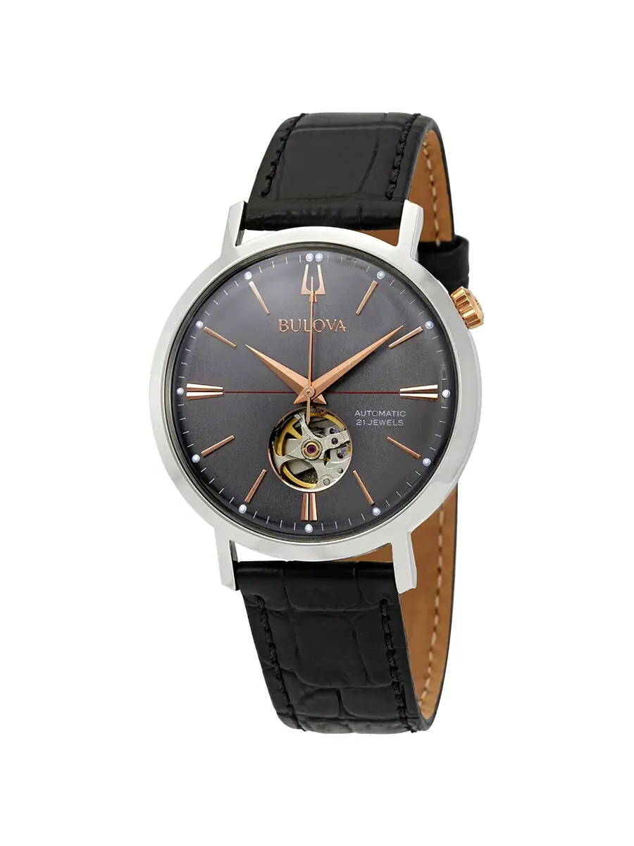 Мужские часы Bulova Classic Automatic с серым циферблатом и черным кожаным ремешком, модель 98A187 — серебристый