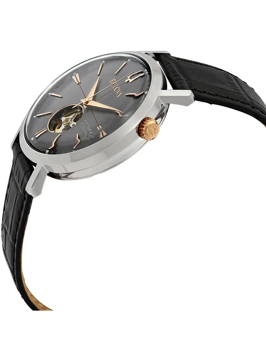 Мужские часы Bulova Classic Automatic с серым циферблатом и черным кожаным ремешком, модель 98A187 — изображение 2 из 3