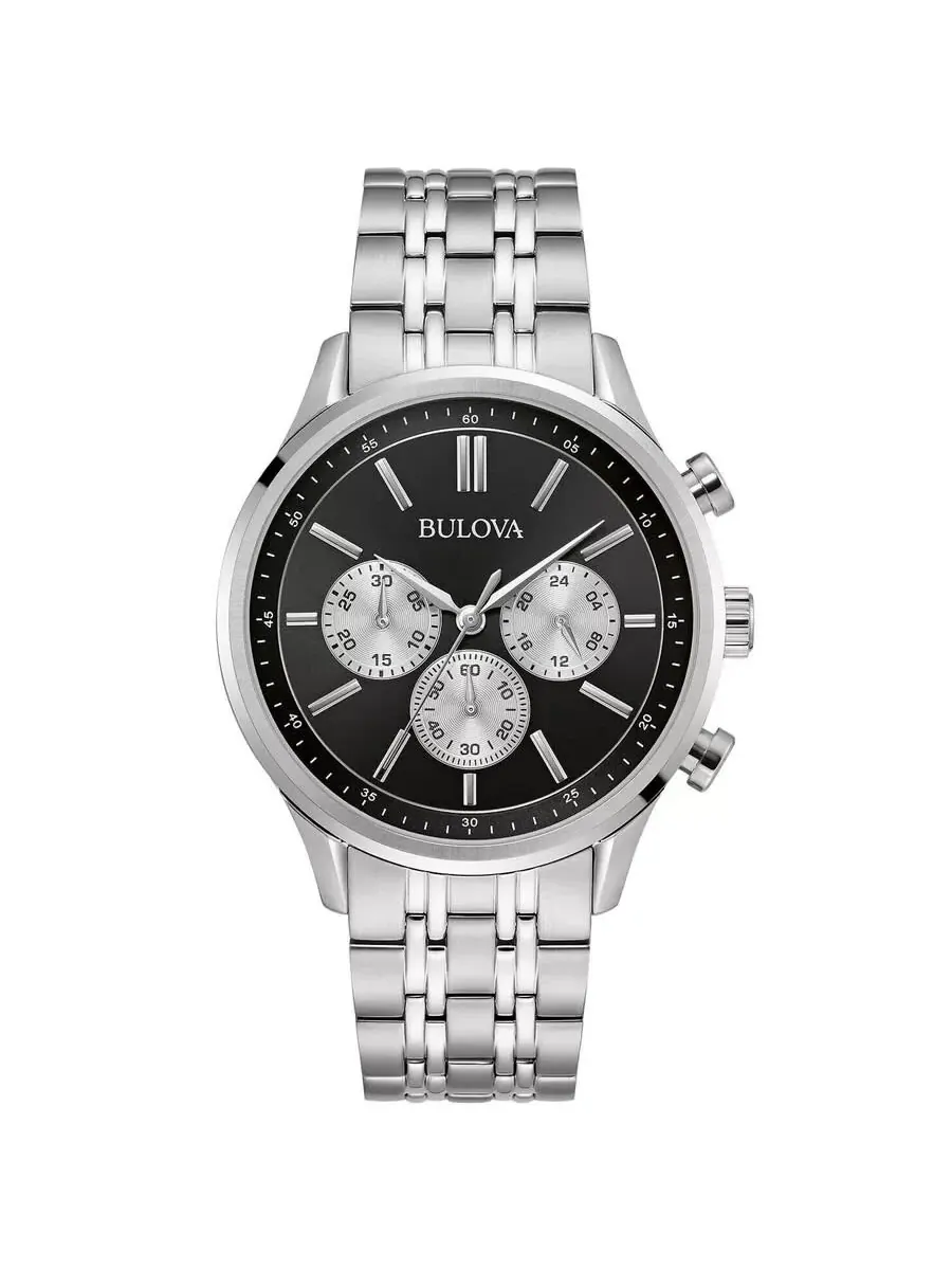 Мужские часы Bulova Classic Chronograph Quartz с черным циферблатом 96A295 — серебристый