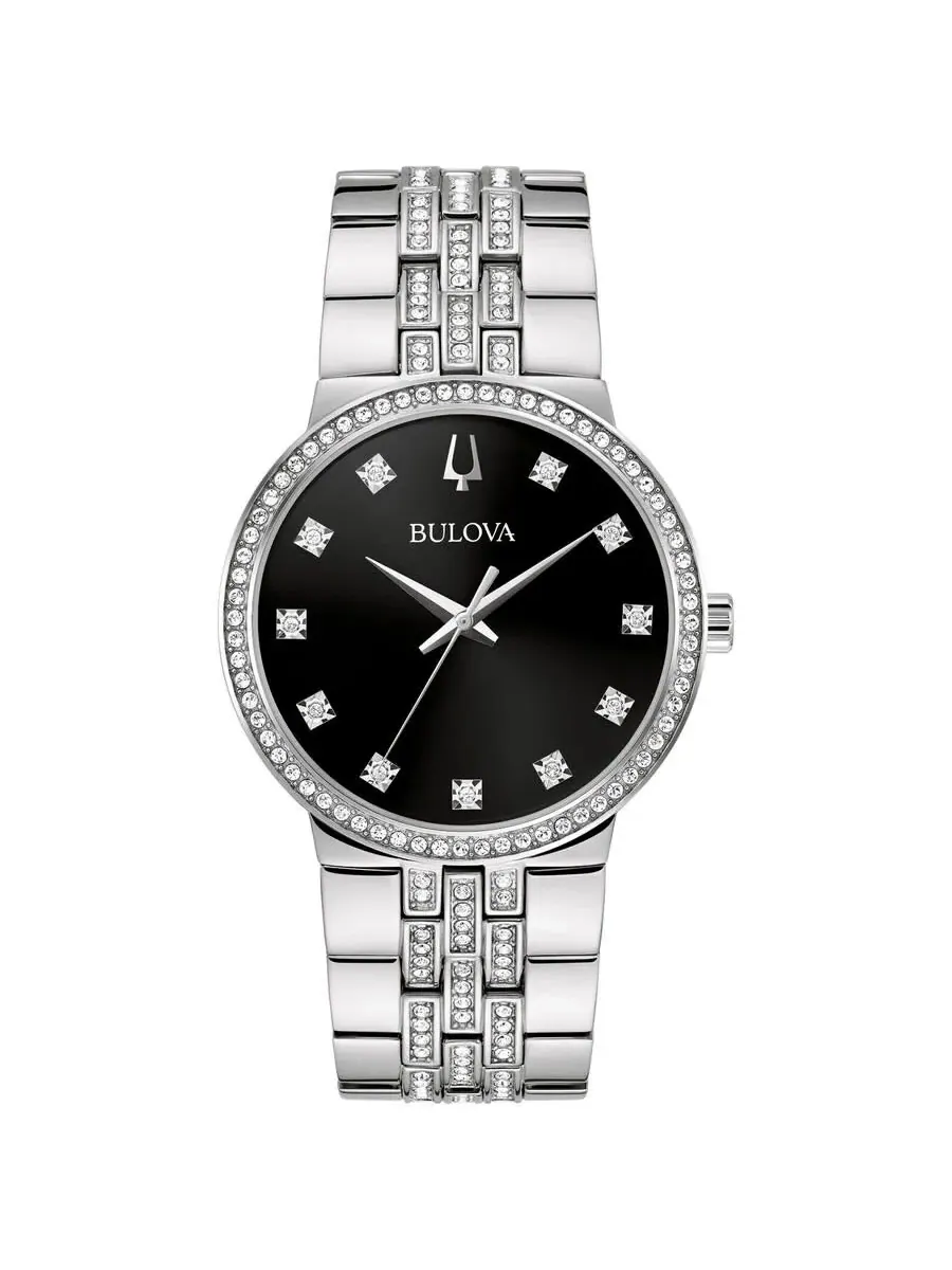 Мужские часы Bulova Crystal Quartz с черным циферблатом 96K110 — серебристый
