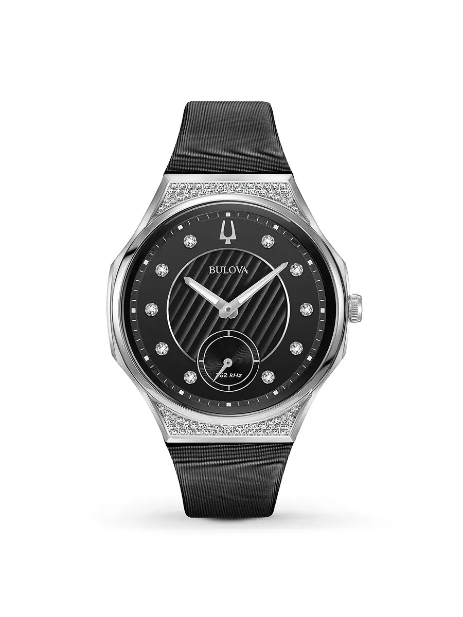 Женские часы Bulova Curv Quartz с черным циферблатом и бриллиантами 96R229