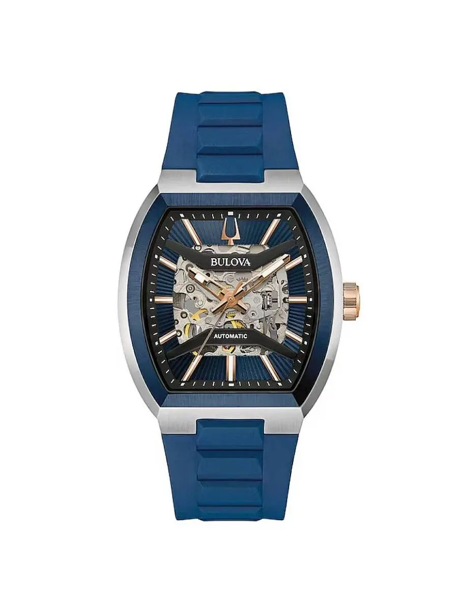 Мужские часы Bulova Maquina Automatic с синим циферблатом 98A318 — синий