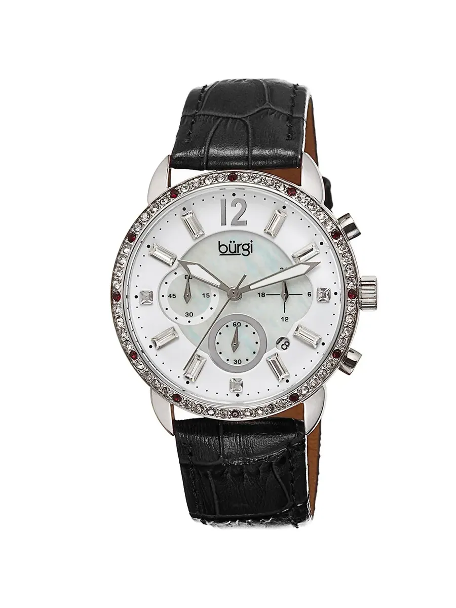 Женские часы Burgi Crystal Chronograph с черным кожаным ремешком и перламутровым циферблатом BUR089BK — серебристый
