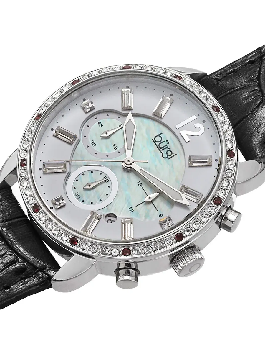 Женские часы Burgi Crystal Chronograph с черным кожаным ремешком и перламутровым циферблатом BUR089BK — изображение 2 из 4