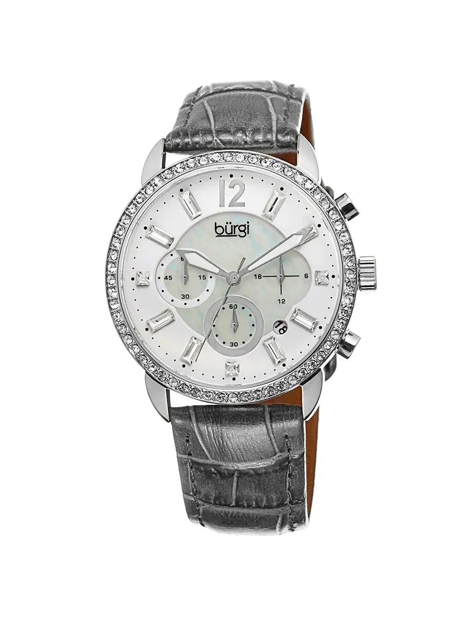 Женские часы Burgi Crystal Chronograph с серым кожаным ремешком и перламутровым циферблатом BUR089GY — серебристый