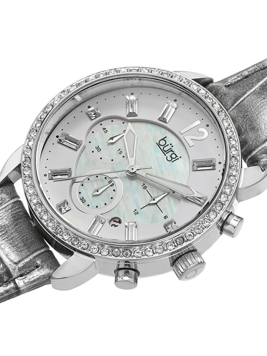 Женские часы Burgi Crystal Chronograph с серым кожаным ремешком и перламутровым циферблатом BUR089GY — изображение 2 из 4