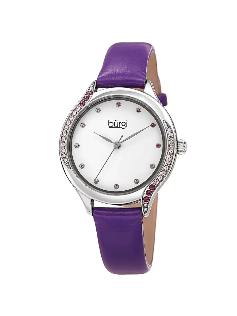 Женские часы Burgi Crystal с белым циферблатом и фиолетовым кожаным ремешком BUR239PU