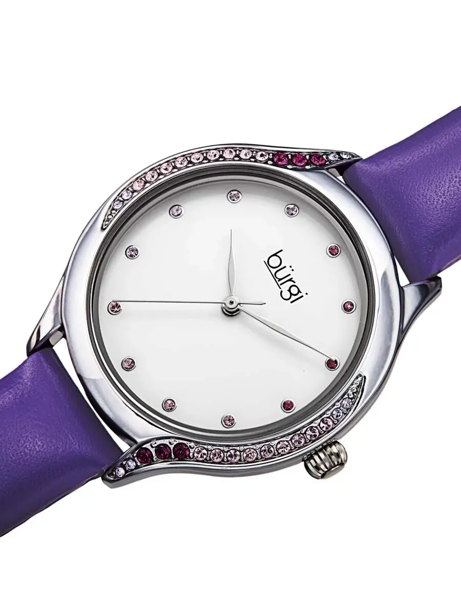 Женские часы Burgi Crystal с белым циферблатом и фиолетовым кожаным ремешком BUR239PU — изображение 2 из 4
