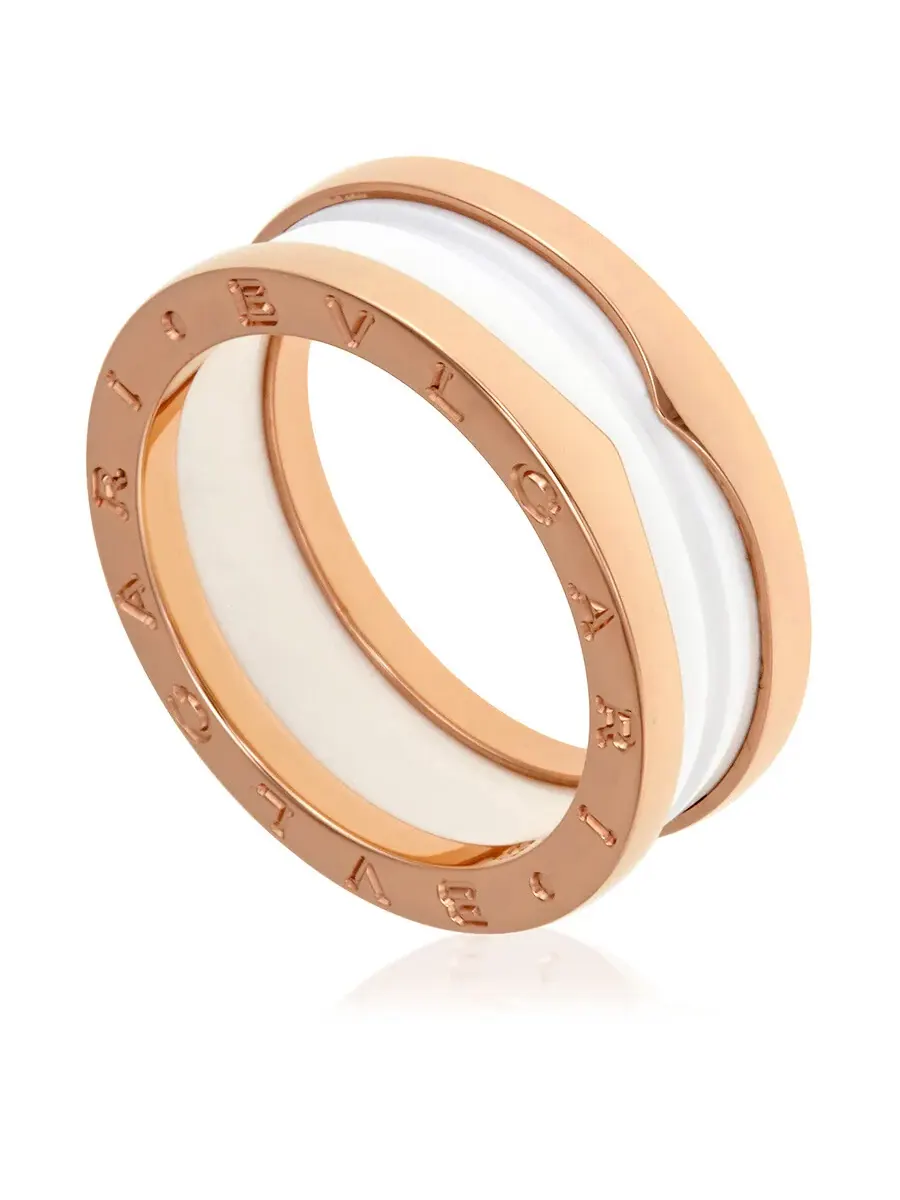 Кольцо Bvlgari B.Zero1 из 18-каратного розового золота и белой керамики с двумя кольцами — золотистый