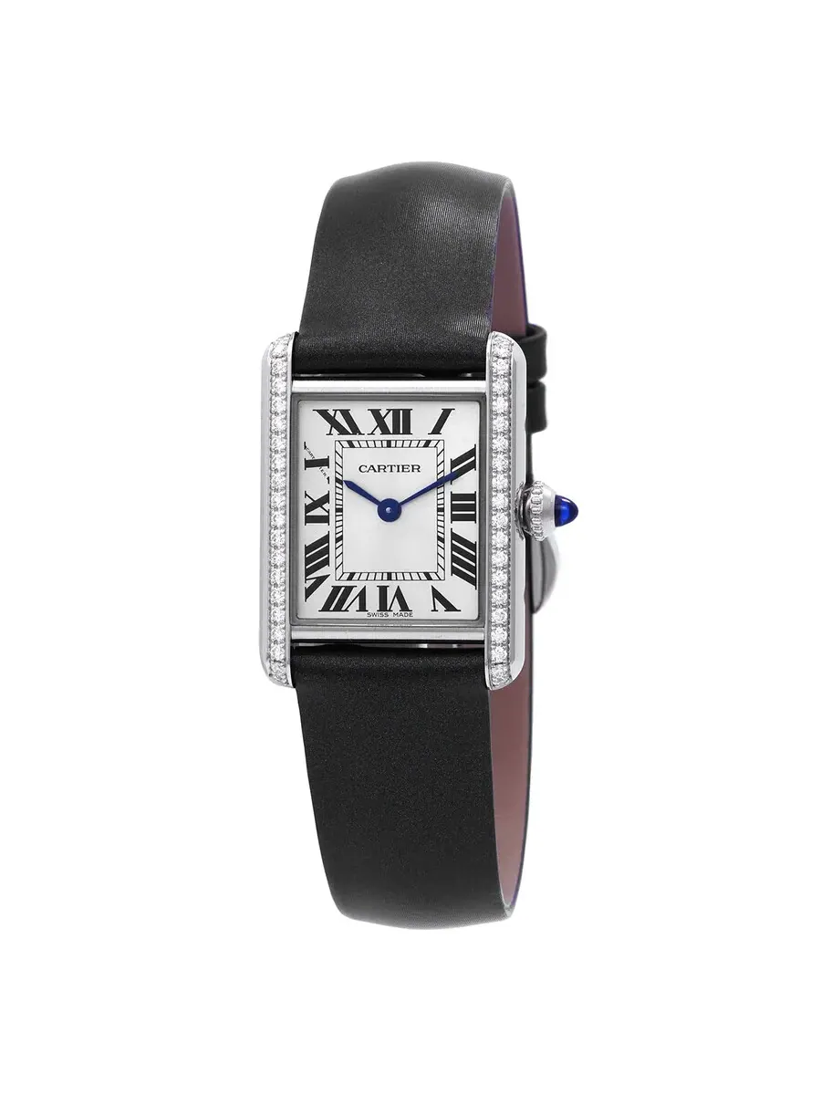 Женские часы Cartier Tank Quartz малой модели с алмазами, серебристым циферблатом W4TA0016