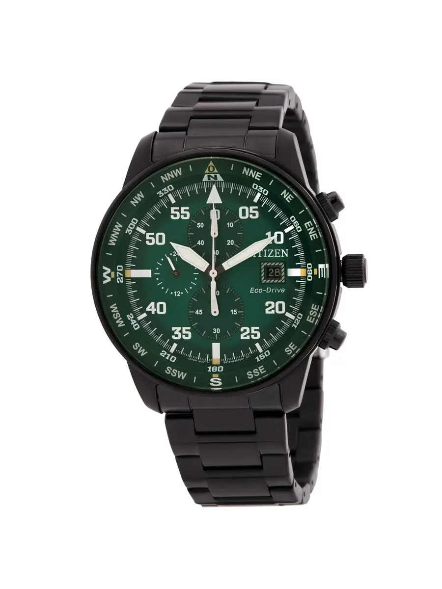 Мужские часы Citizen Aviator Eco-Drive Chronograph с зеленым циферблатом CA0885-54X — черный