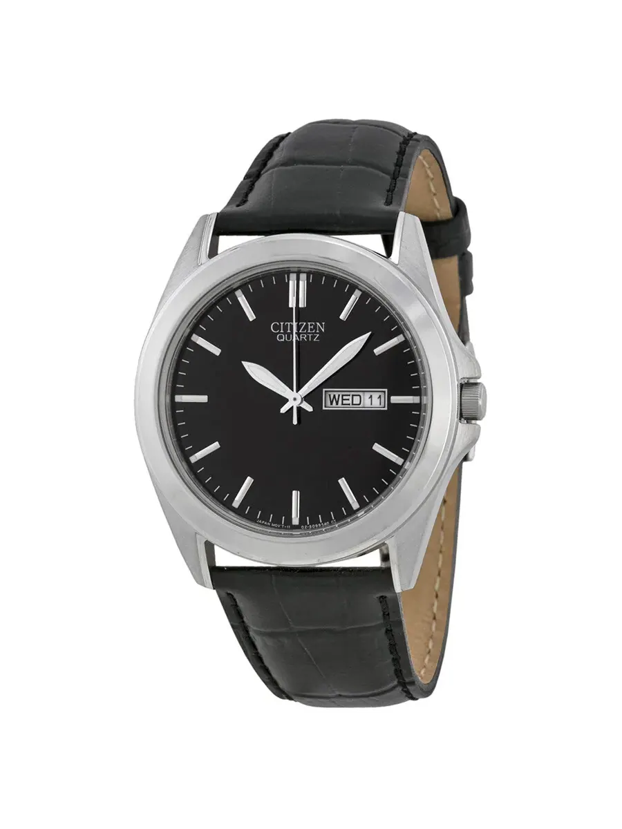 Мужские часы Citizen Black с черным циферблатом и черным кожаным ремешком BF0580-06E