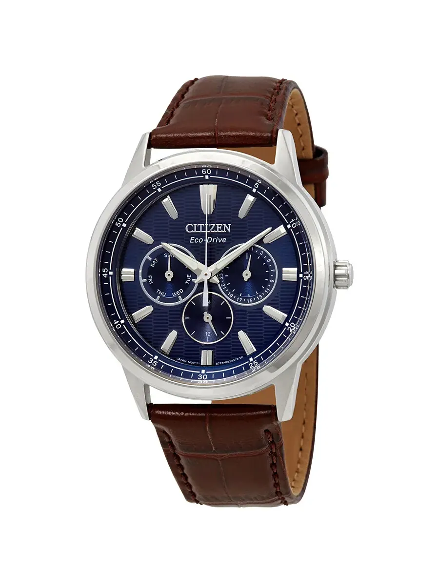 Мужские часы Citizen Corso с синим циферблатом и коричневым кожаным ремешком BU2070-12L