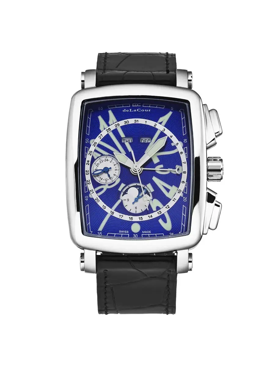 Мужские часы deLaCour Vialarga Chronograph GMT Automatic с фазами Луны День-Ночь, синие циферблат WAST1026-BLU