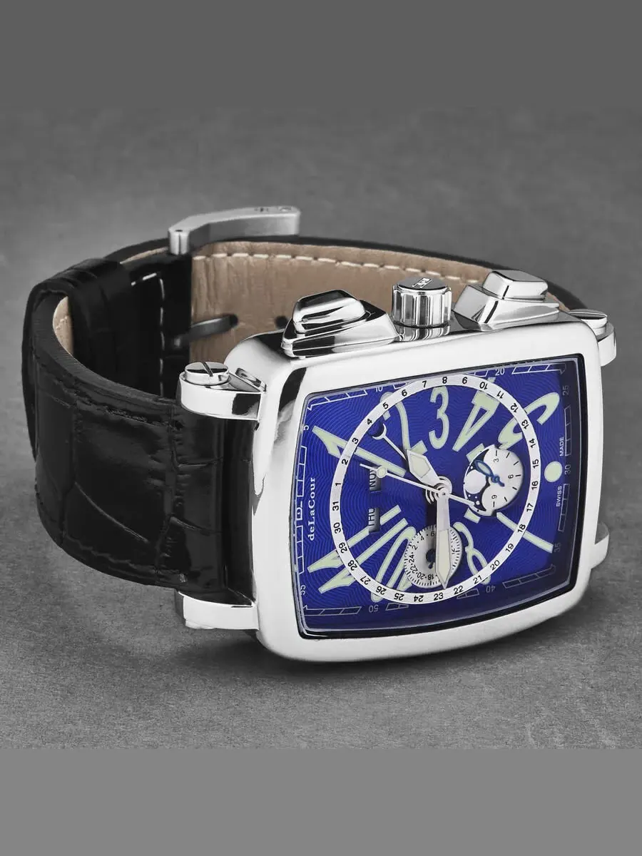 Мужские часы deLaCour Vialarga Chronograph GMT Automatic с фазами Луны День-Ночь, синие циферблат WAST1026-BLU