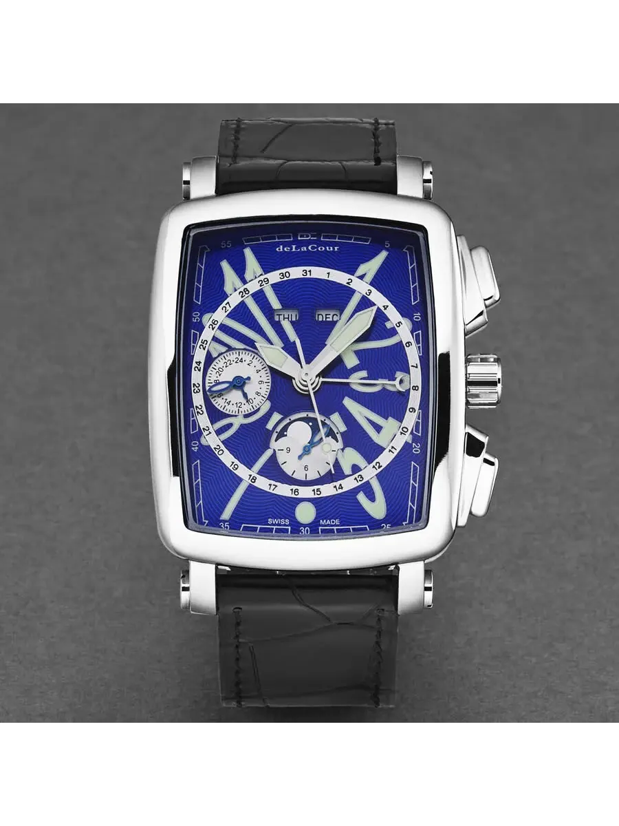Мужские часы deLaCour Vialarga Chronograph GMT Automatic с фазами Луны День-Ночь, синие циферблат WAST1026-BLU