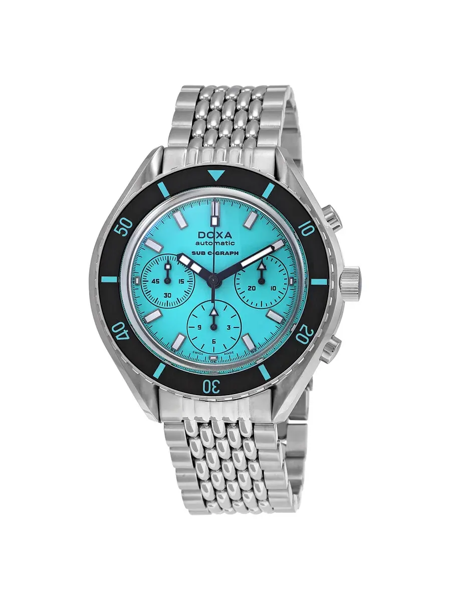 Мужские часы Doxa SUB 200 C-Graph Aquamarine хронограф автомат с синим циферблатом 798.10.241.10 — черный