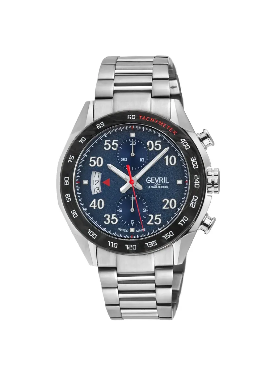 Мужские часы Gevril Ascari Chronograph Automatic с синим циферблатом 48311B — черный
