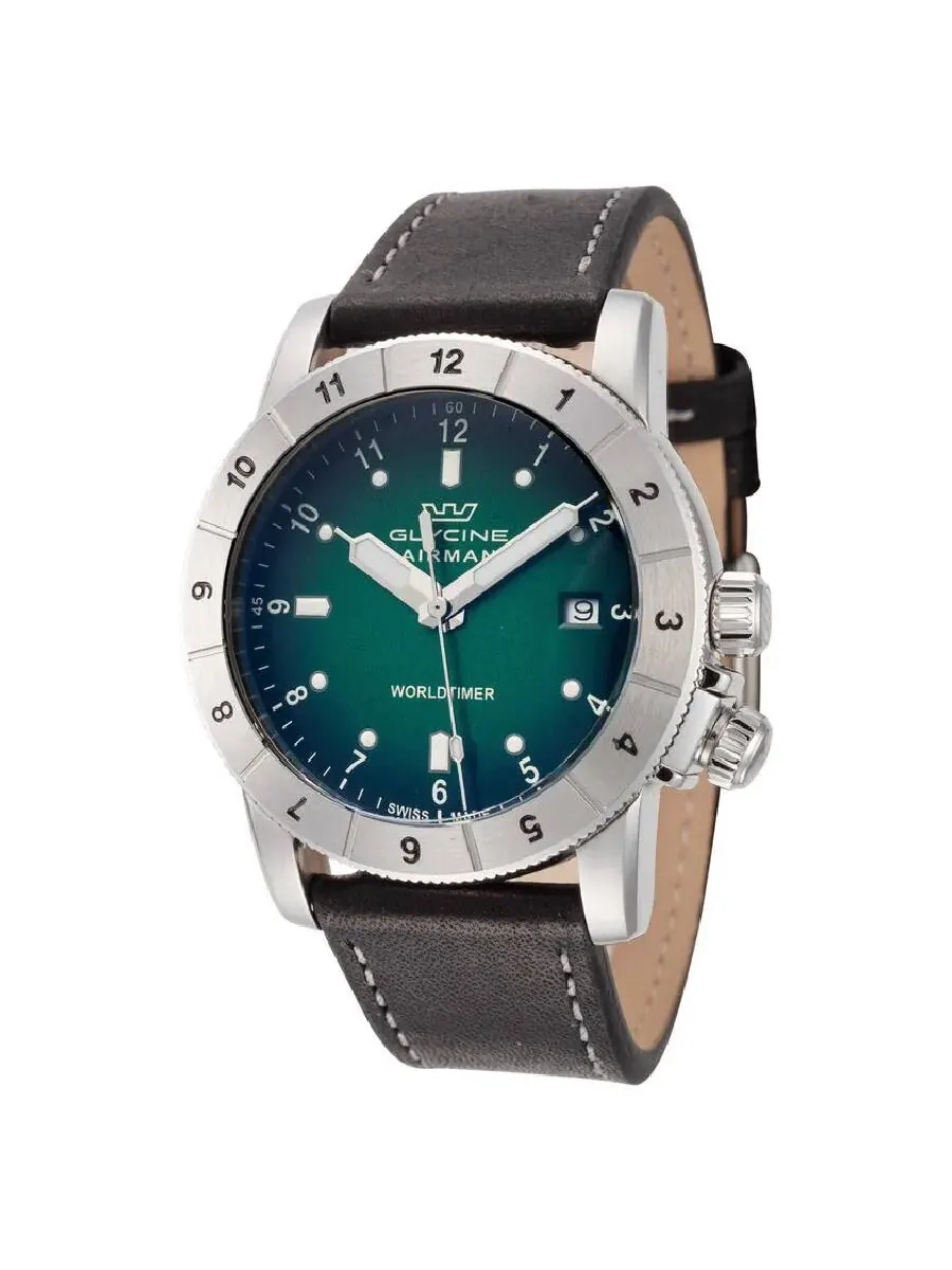 Glycine Airman Contemporary Worldtimer кварцевые мужские часы с зеленым циферблатом GL1021