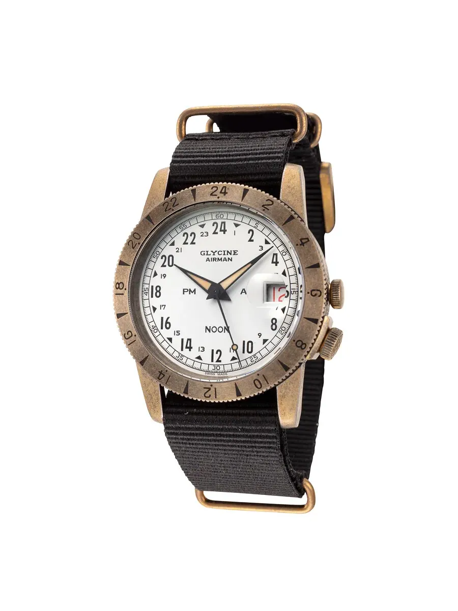 Мужские часы Glycine Airman Vintage Noon Purist Automatic с белым циферблатом GL0378 — золотистый
