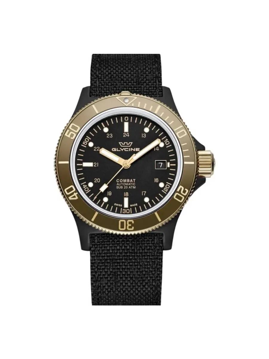 Мужские нейлоновые часы Glycine Combat Sub Automatic с черным циферблатом GL0093