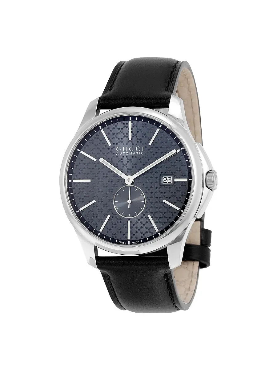 Мужские часы Gucci G-Timeless с автоматическим механизмом, серым циферблатом и черным кожаным ремешком YA126319