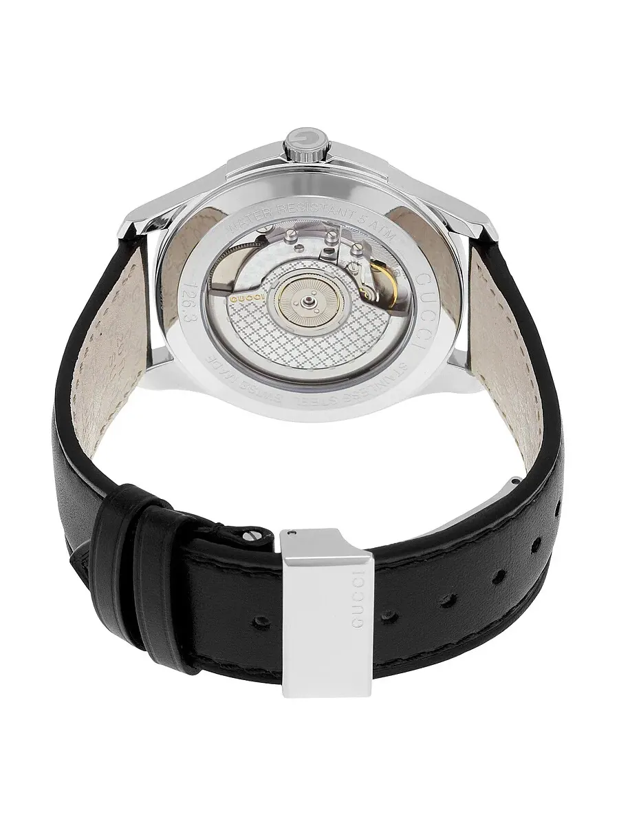 Мужские часы Gucci G-Timeless с автоматическим механизмом, серым циферблатом и черным кожаным ремешком YA126319