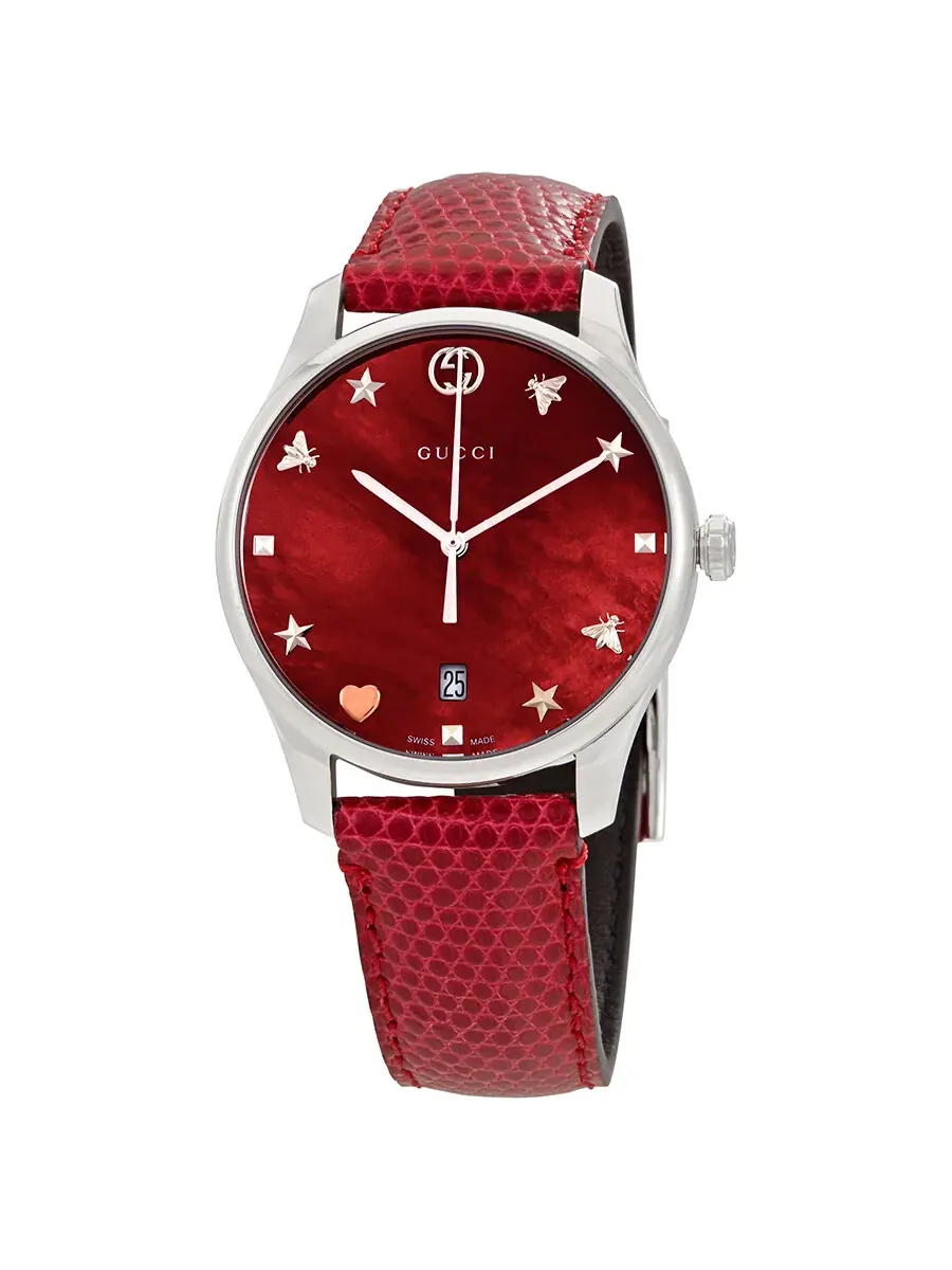 Женские часы Gucci G-Timeless с красным циферблатом из перламутра и кожаным ремешком YA1264041