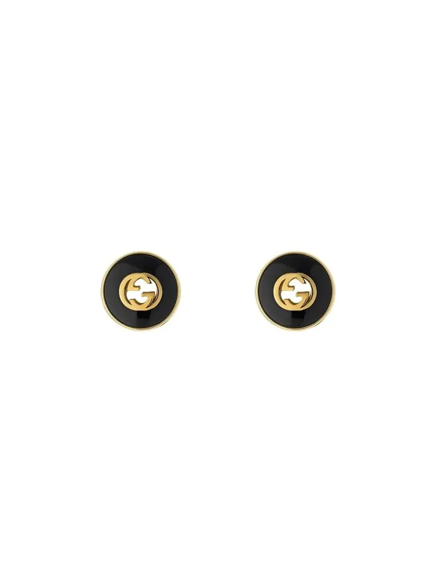 Серьги-гвоздики Gucci Interlocking из желтого золота 18 карат с черным ониксом - Ybd786554001