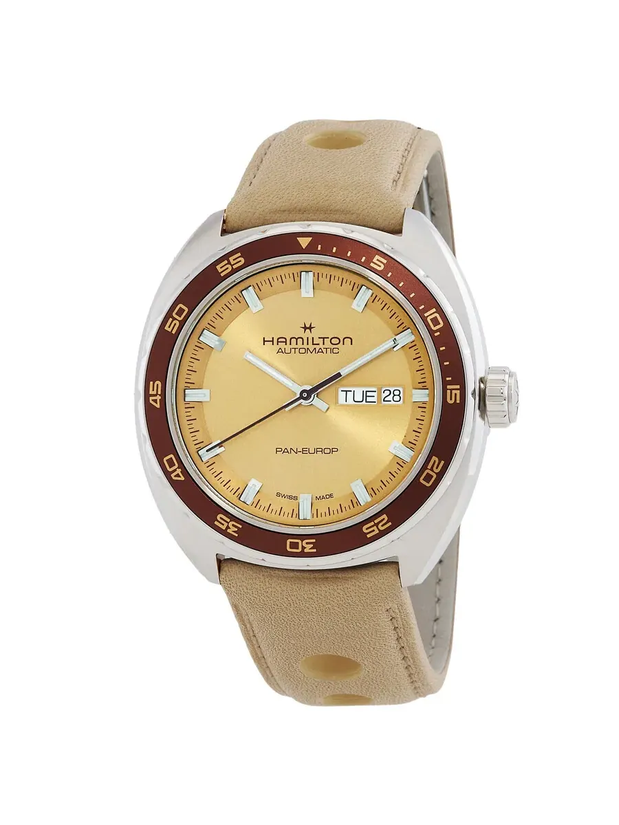 Часы Hamilton American Classic Pan Europ Day Date Automatic с бежевым циферблатом для мужчин H35435820 — серебристый