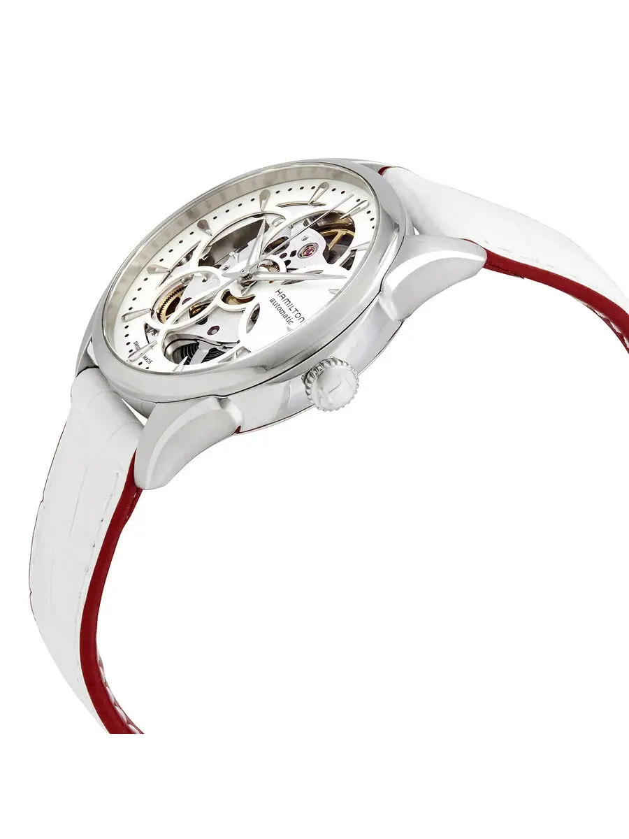 Женские часы Hamilton JazzMaster с белым скелетонизированным циферблатом и белым кожаным ремешком H32405811