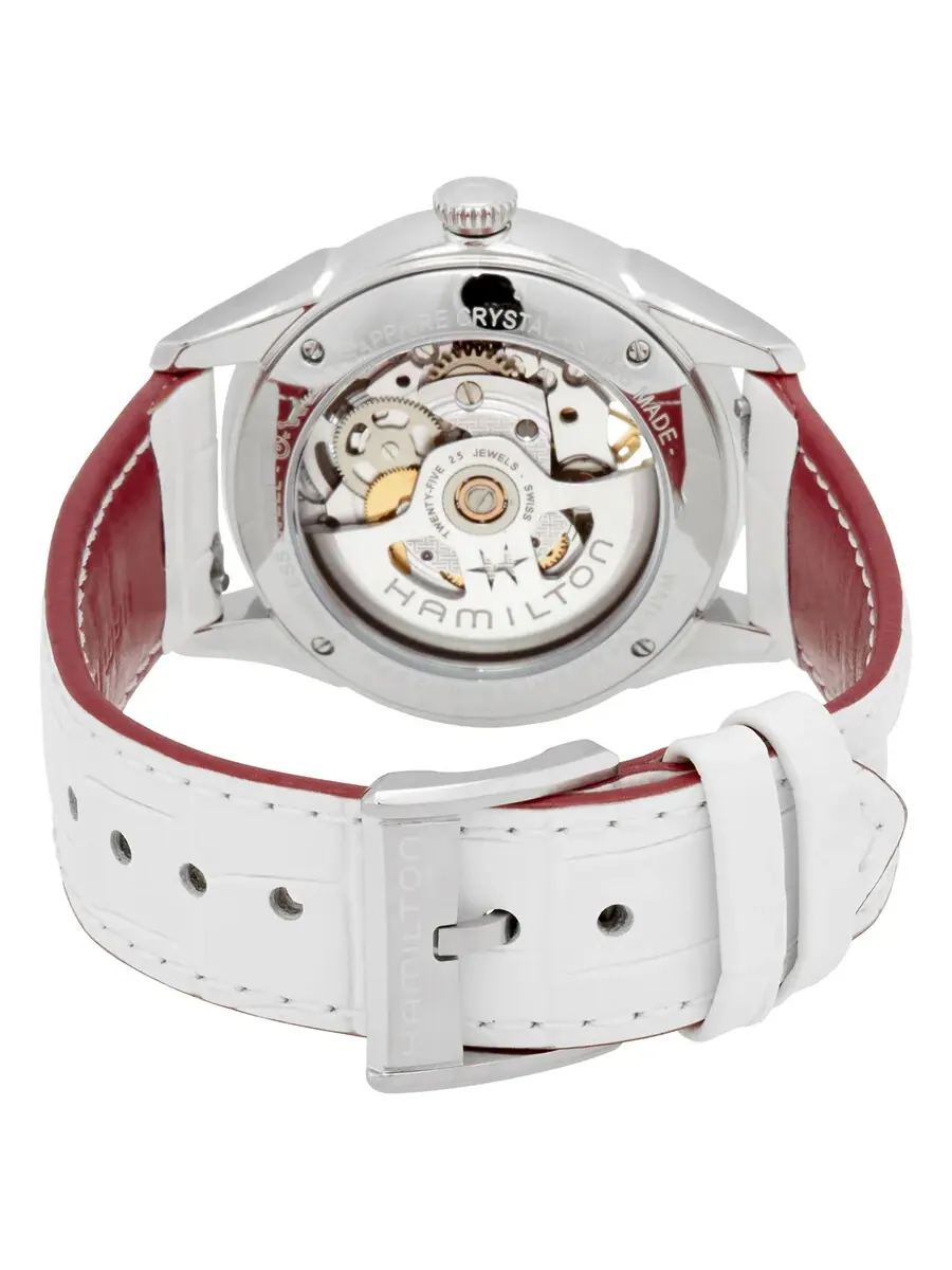 Женские часы Hamilton JazzMaster с белым скелетонизированным циферблатом и белым кожаным ремешком H32405811